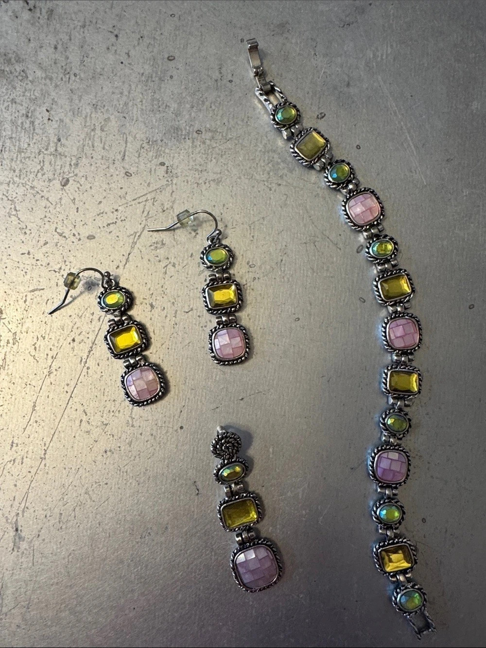 Purple, Green Blue Stone Bracelet, Pendant and Earring Set